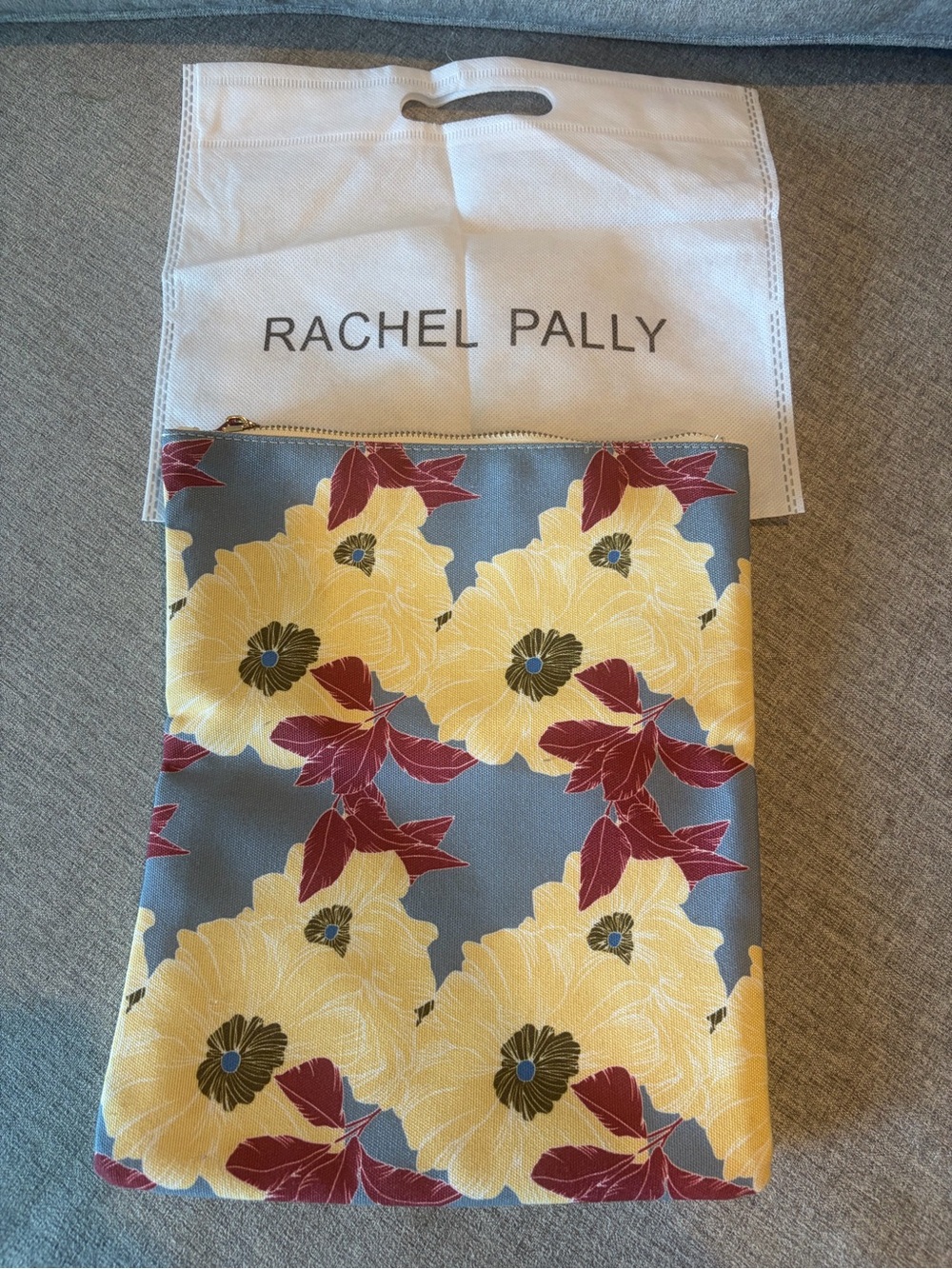 Rachel Pally Yellow Floral Clutch with Gray Background and Burgundy Accents